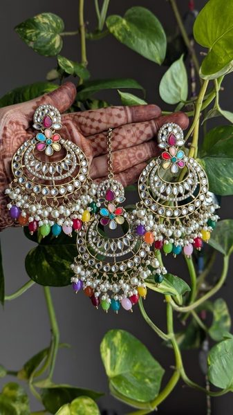 Big size kundan earring-tikli set